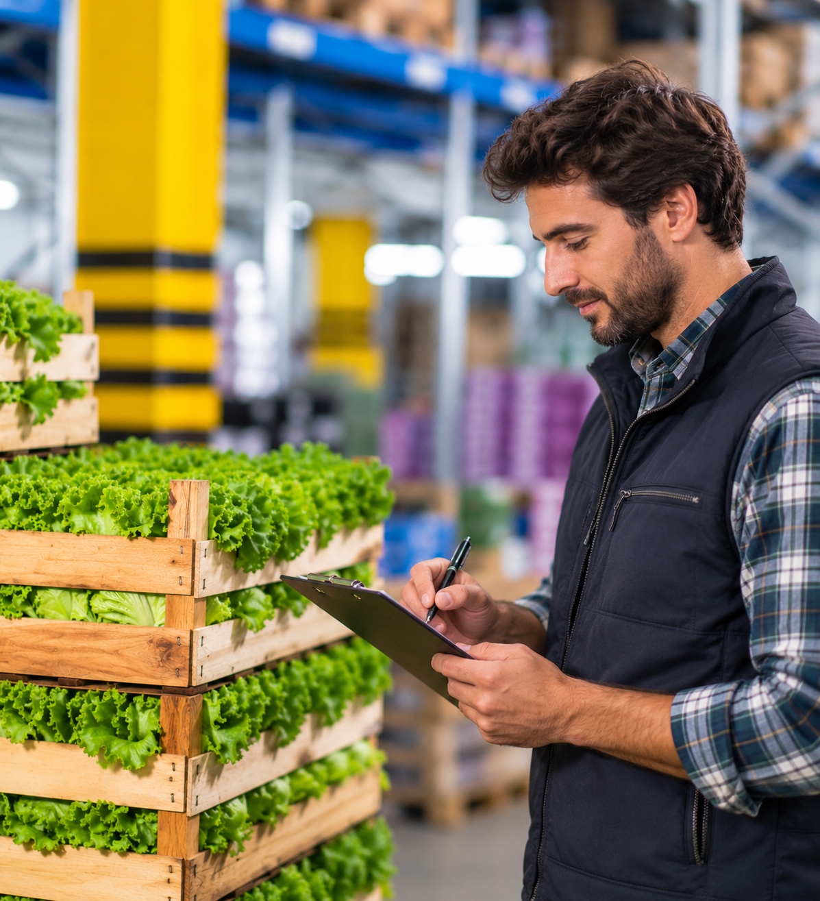 Operatore che controlla cassette di verdure nella filiera agroalimentare