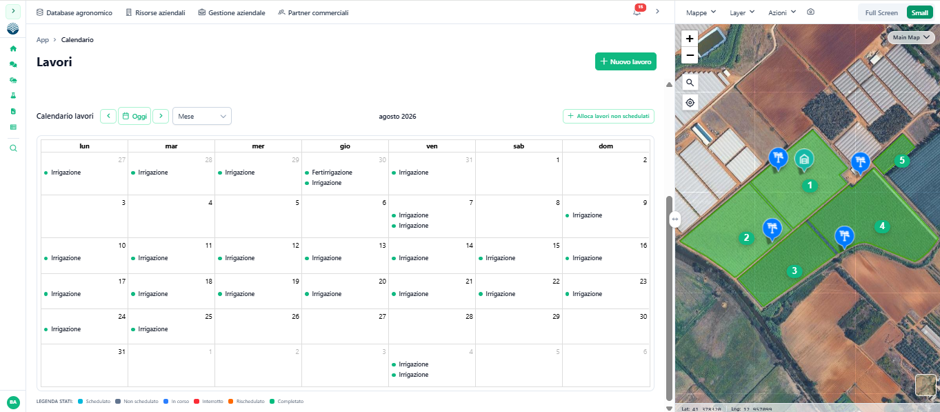 Dashboard BLULEAF con riepilogo delle aziende agricole e mappa degli appezzamenti